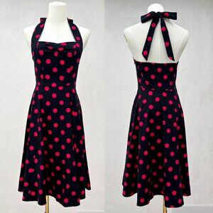 Feldie Black & Pink/Red Polka-Dot 1950s Inspired Halter Skater Style Dress Small